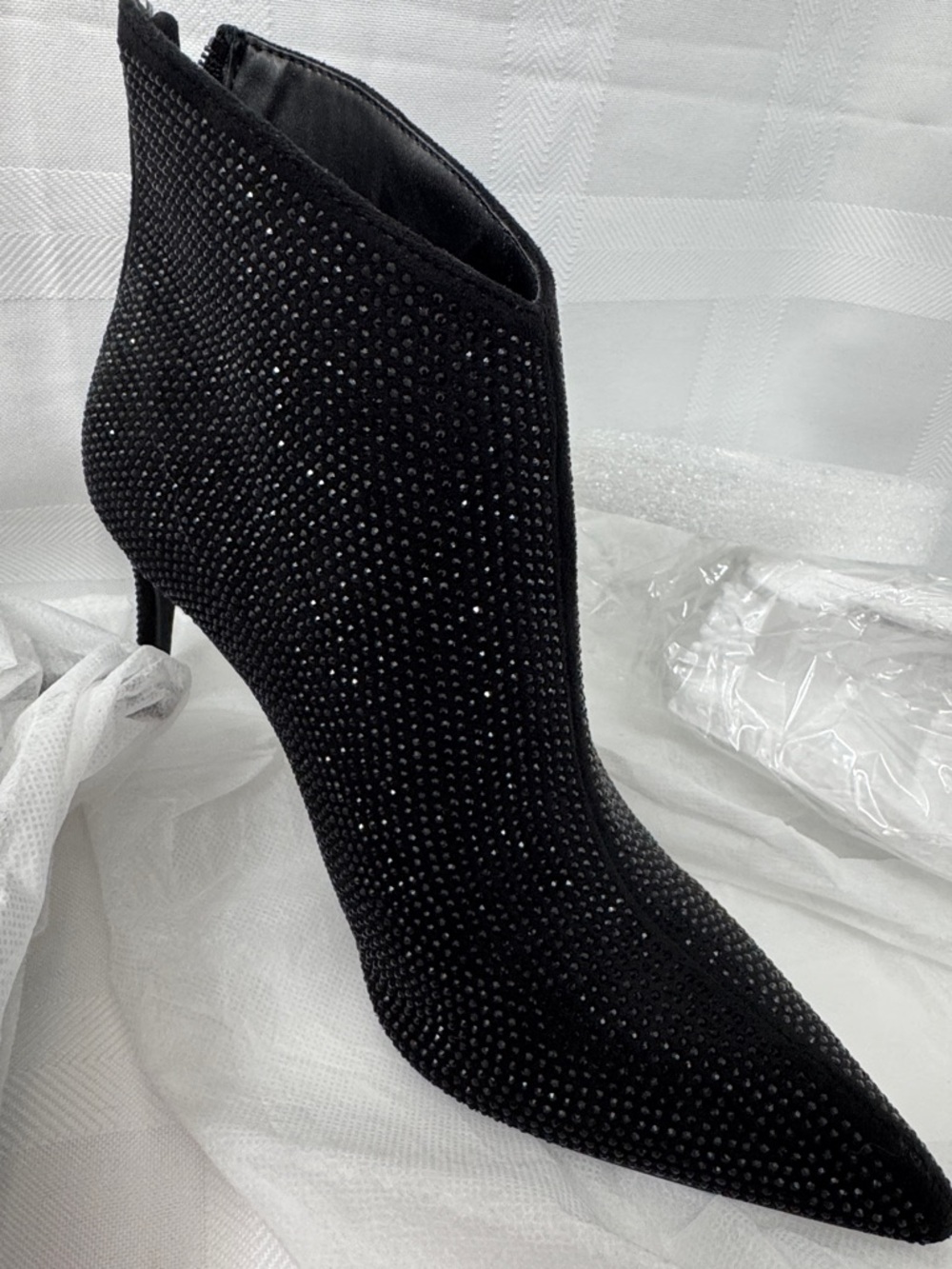 Beautiful Embellished Rhinestone Black Pointed-Toe Ankle Bootie with Zipper